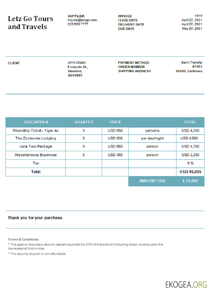 Facture USA Letz Go Tours et Voyages
